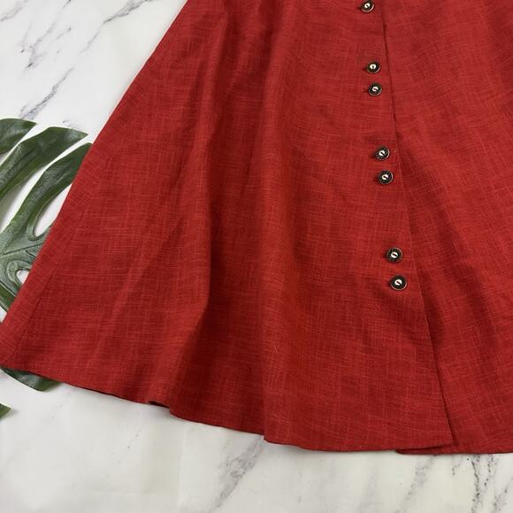 Vintage 80s Womens A-Line Skirt Size 40 M Red Linen Blend Button Front Pockets - Picture 4 of 12